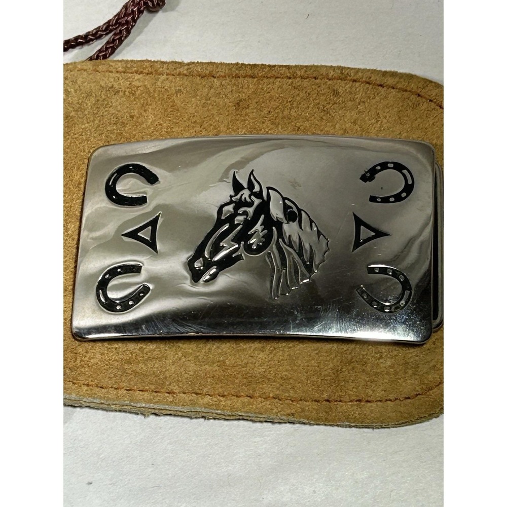 Vintage Chambers Belt Co Buckle Horse Head Horseshow Silver with Bag Made In USA